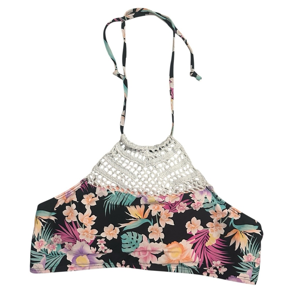 Hobie Tropical Floral Crochet High Neck Halter Bikini Top Black Girl's 16 Beach - Picture 1 of 6